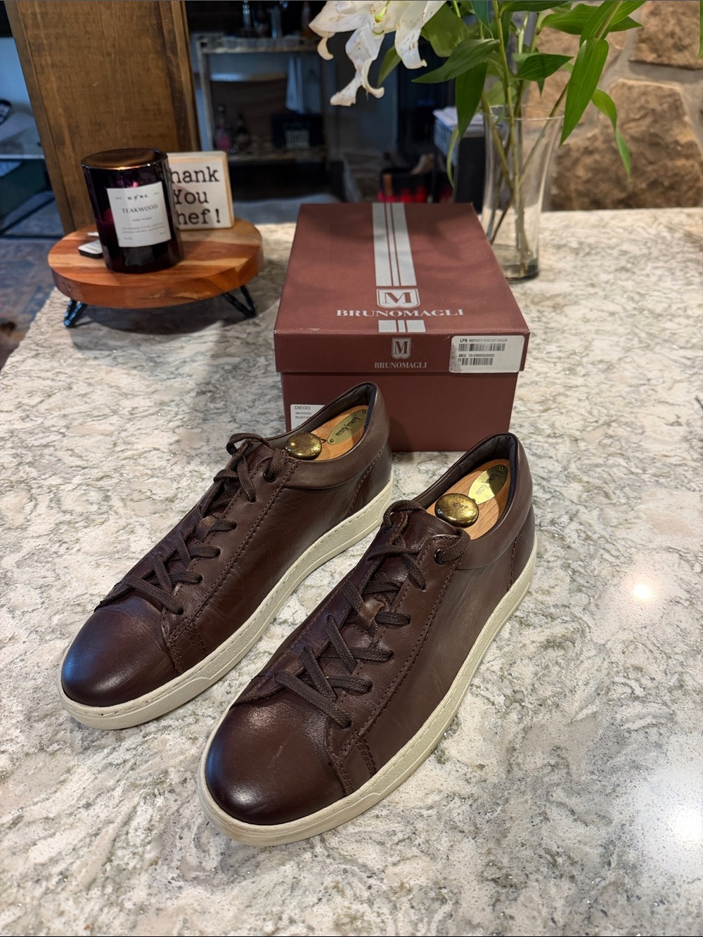 Bruno Magli Dark Brown Leather Low-Top Sneakers with Off-White Sole